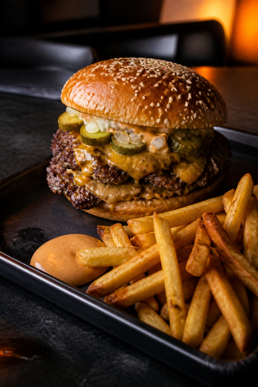 Smash burger and fries on a dark tray
