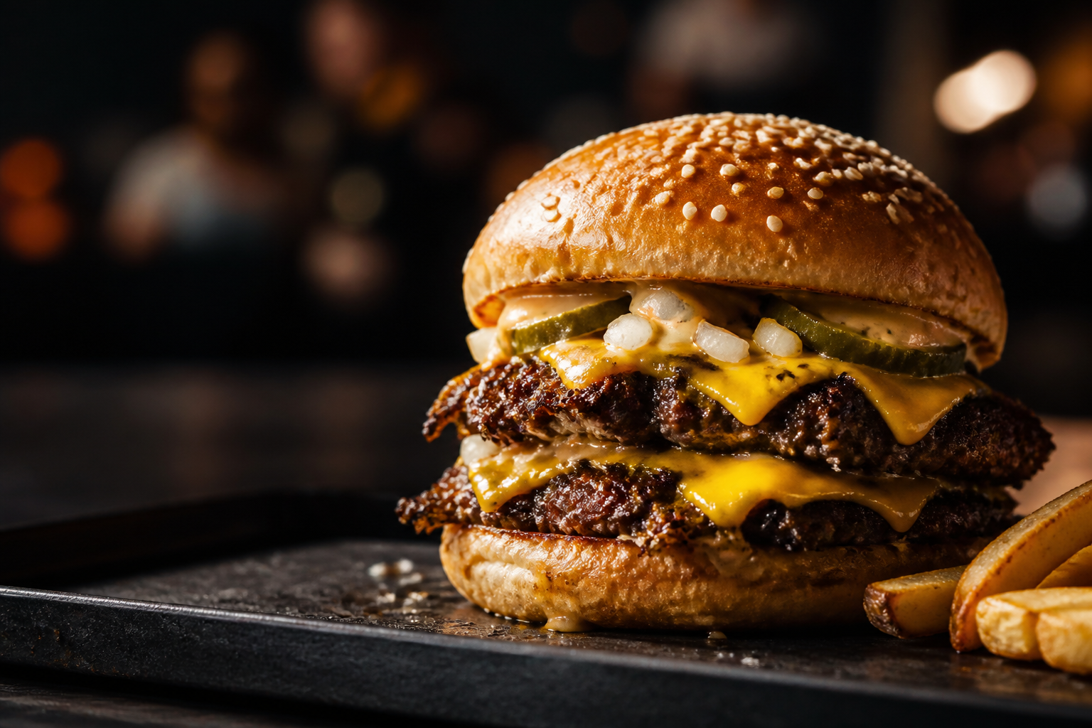 Double smash burger with melted cheese and pickles
