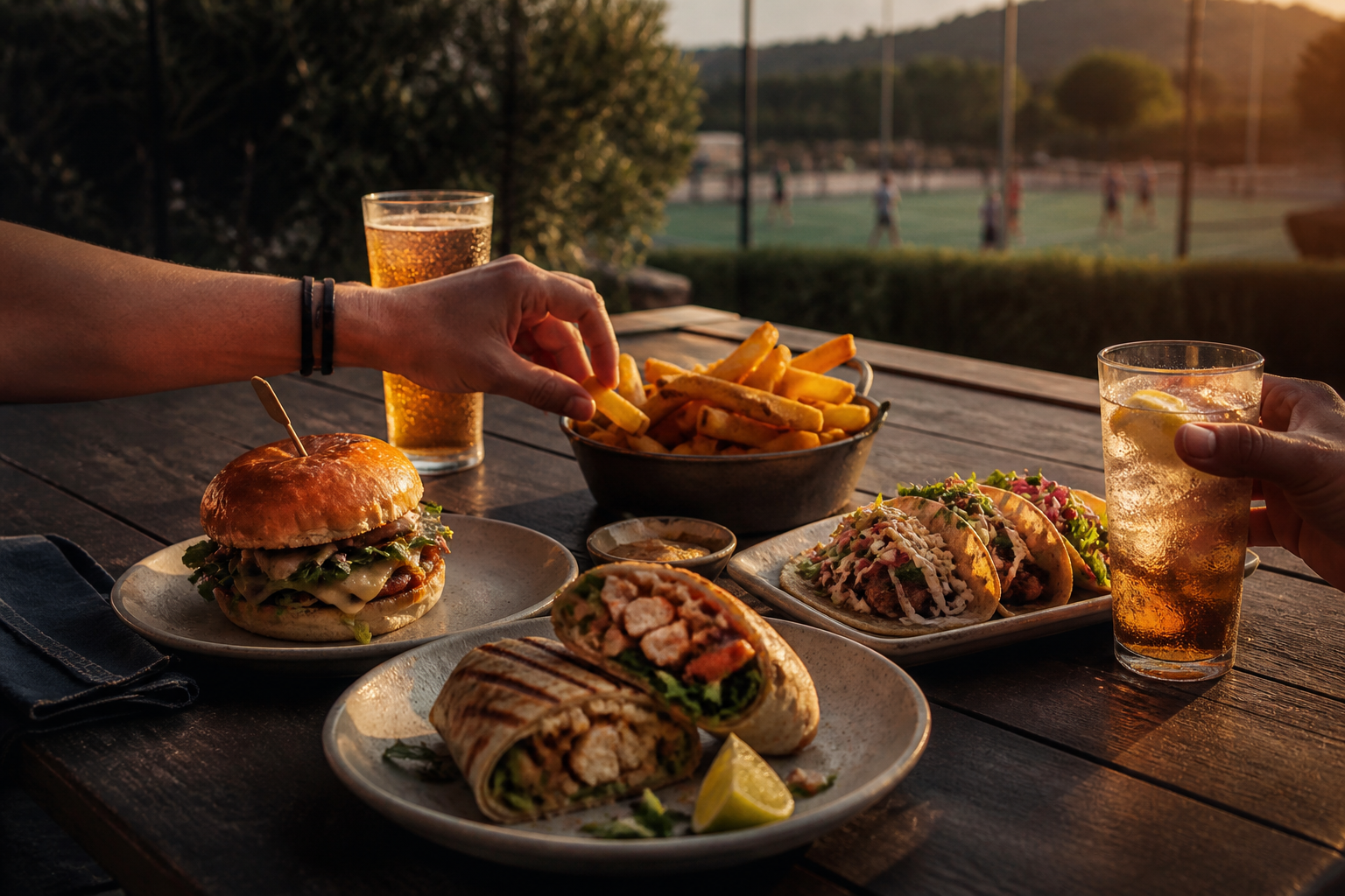 Shared table with burgers, tacos, wraps and drinks beside a sports court
