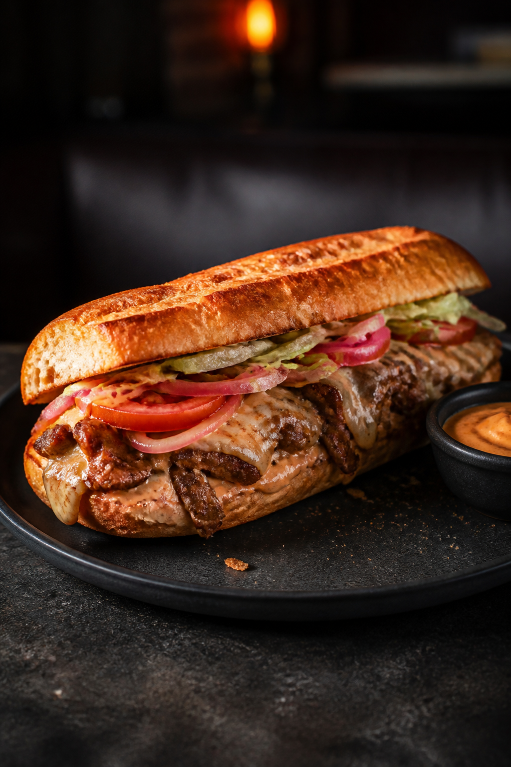 Toasted sub with grilled filling and pickled onions