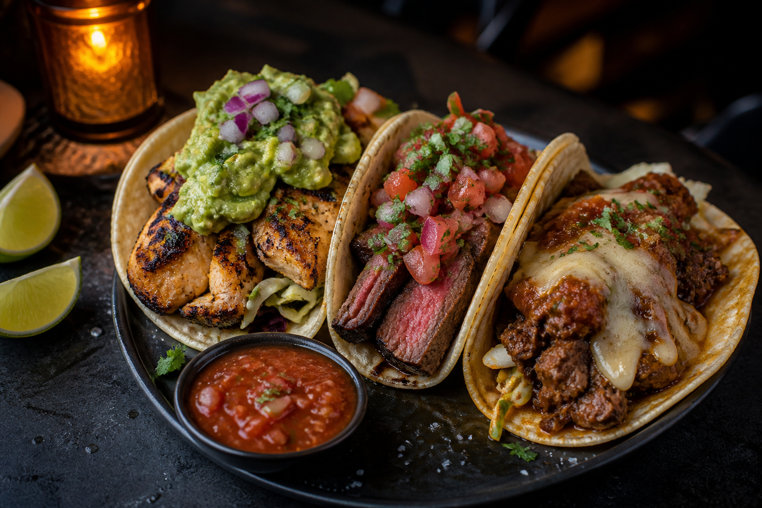 Trio of loaded tacos with salsa and lime