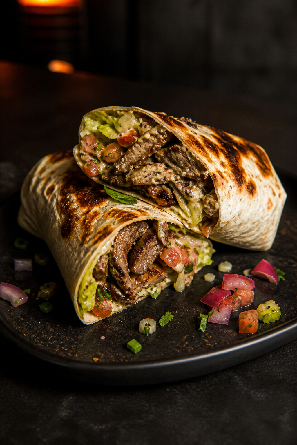 Grilled steak wrap cut open on a dark plate